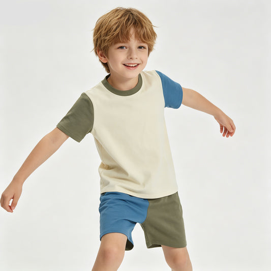 White Blue Green Patchwork Top Shorts Boys Summer Cotton Clothes Set