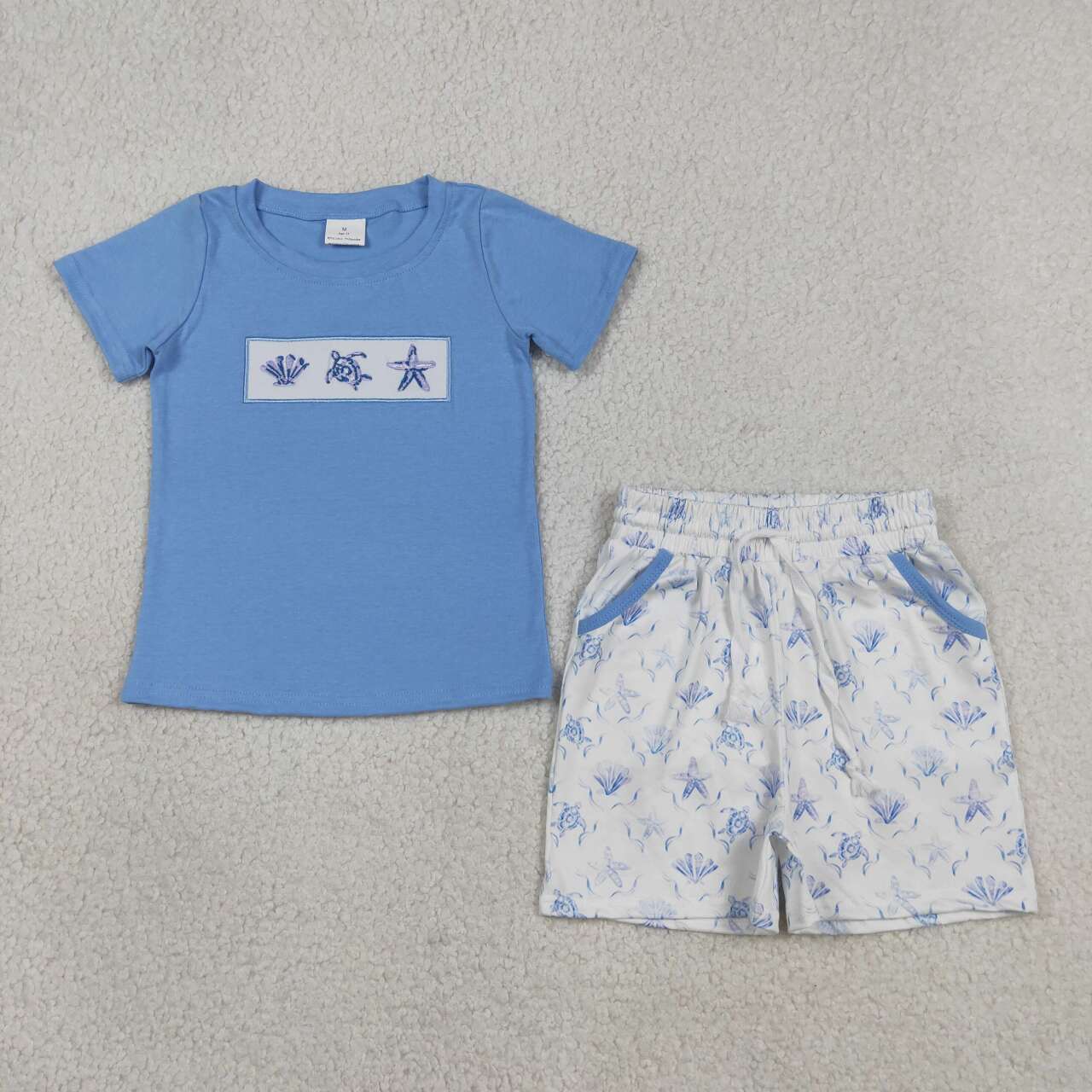 BSSO1979 Sea Turtle Embroidery Blue Top Pockets Shorts Boys Summer Clothes Set