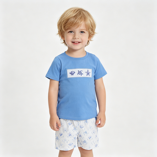 BSSO1979 Sea Turtle Embroidery Blue Top Pockets Shorts Boys Summer Clothes Set