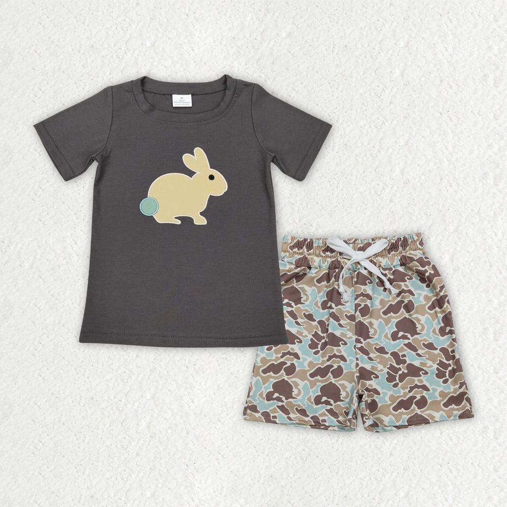 BSSO1987 Bunny Embroidery Top Camo Pockets Shorts Boys Easter Clothes Set