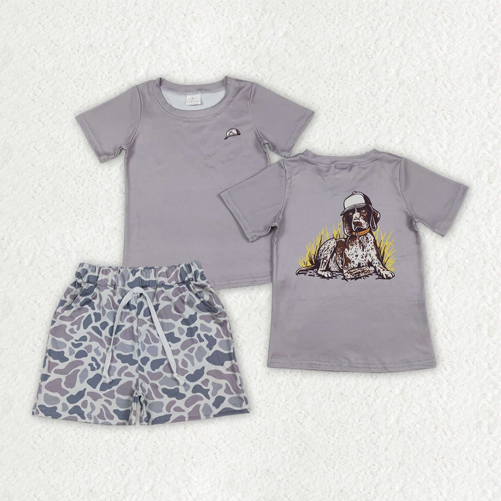 BSSO1988 Dog Grey Top Camo Pockets Shorts Boys Summer Clothes Set