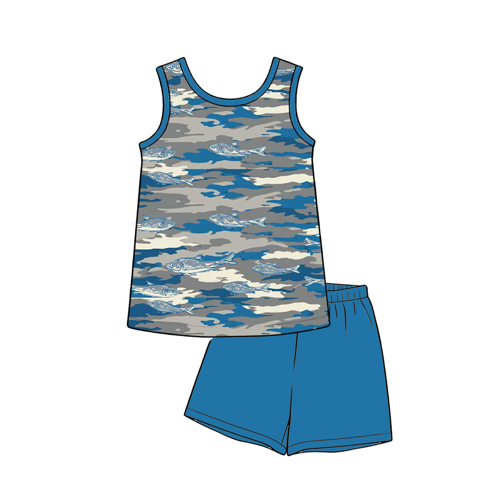 3.17 BSSO1991 Preorder Fish Grey Camo Top Blue Shorts Boys Summer Clothes Set