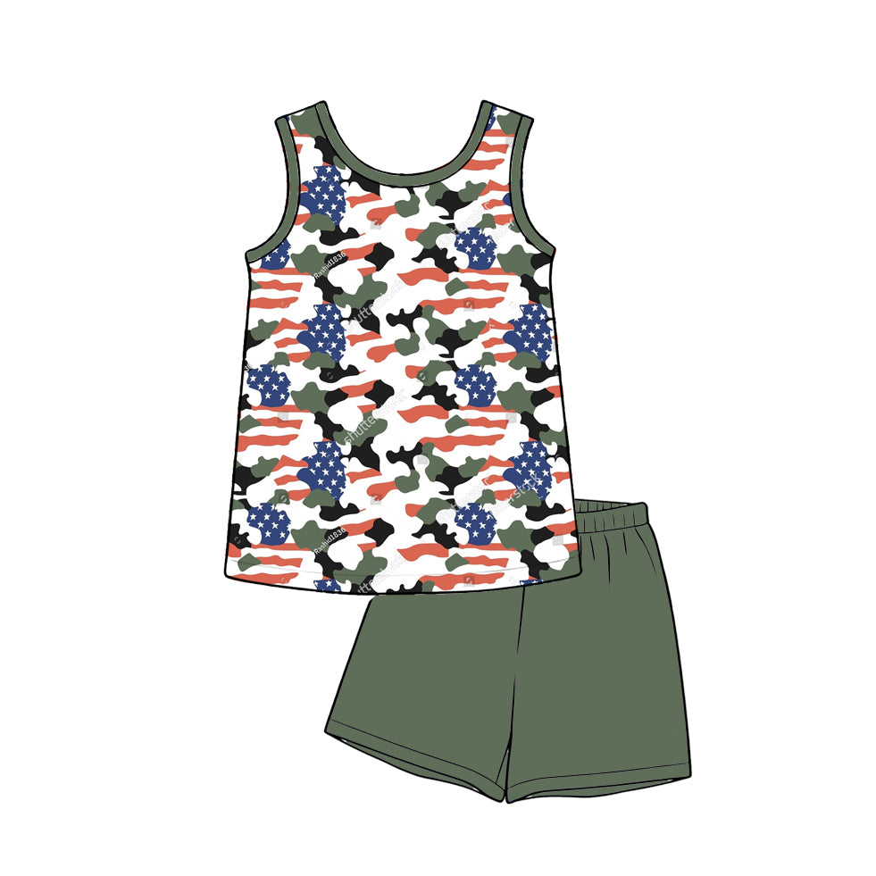 3.17 BSSO1993 Preorder Stars Camo Top Green Shorts Boys 4th of July Clothes Set