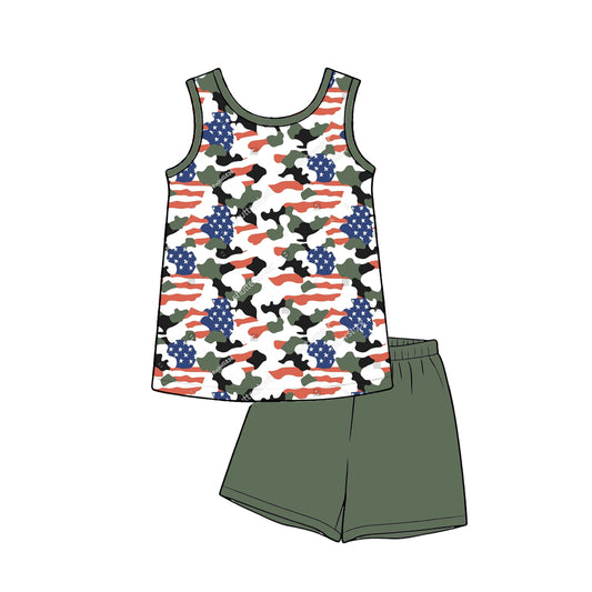3.17 BSSO1993 Preorder Stars Camo Top Green Shorts Boys 4th of July Clothes Set