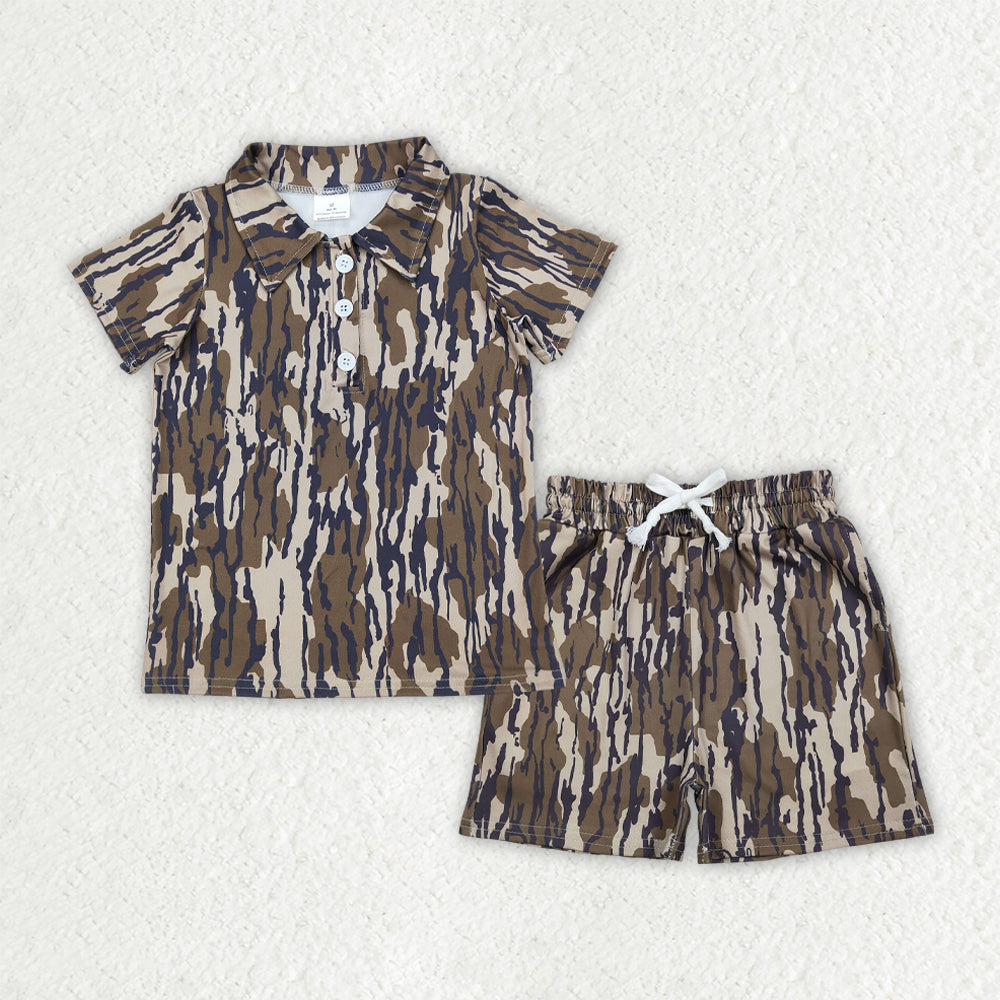 BSSO1997 Camo Print Polo Top Pockets Shorts Boys Summer Clothes Set