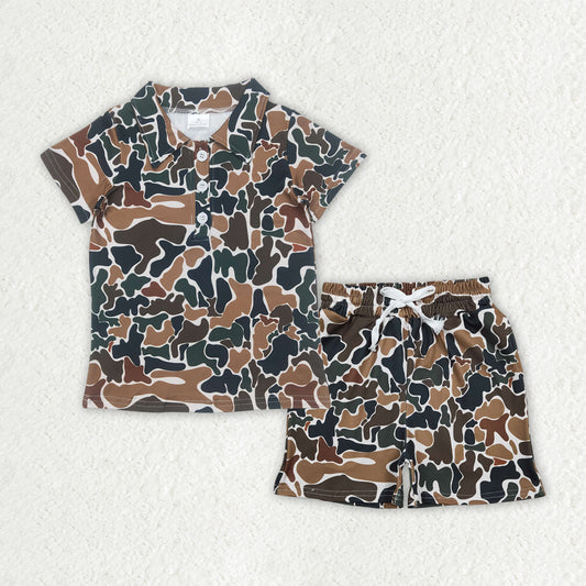 BSSO1998 Brown Camo Print Polo Top Pockets Shorts Boys Summer Clothes Set
