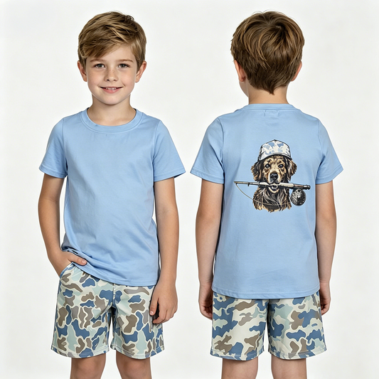 BSSO1999 Dog Hunting Blue Top Blue Camo Shorts Boys Summer Clothes Set