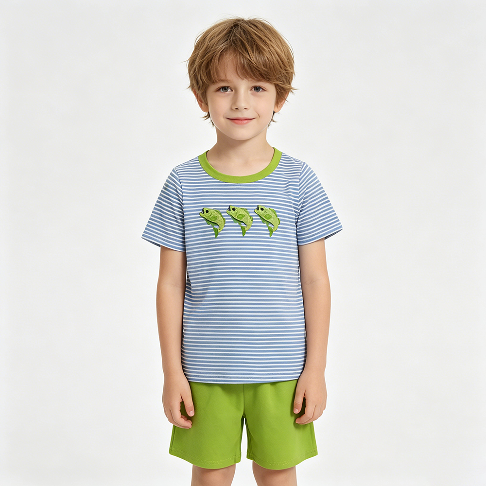 BSSO2001 Fish Embroidery Stripes Top Green Shorts Boys Summer Clothes Set