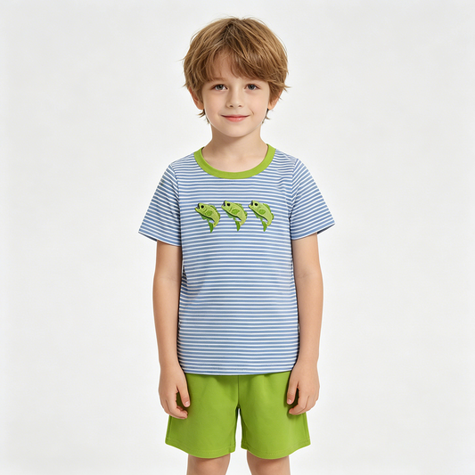 BSSO2001 Fish Embroidery Stripes Top Green Shorts Boys Summer Clothes Set