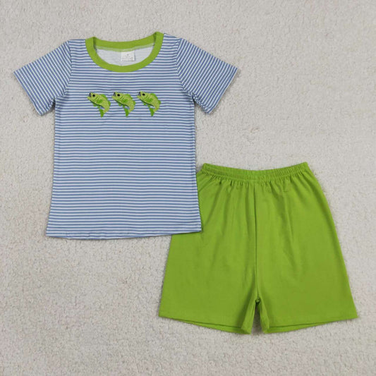 BSSO2001 Fish Embroidery Stripes Top Green Shorts Boys Summer Clothes Set