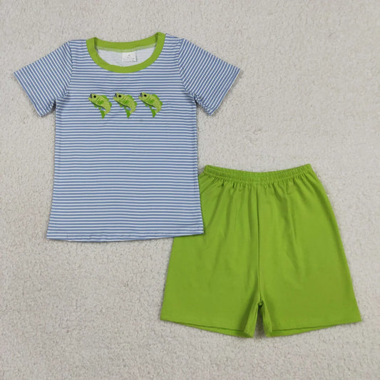Sibling Baby Boys Embroidery Fishes Stripe Top Short Hunting Set Rompers