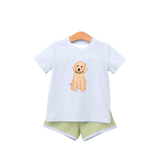 3.21 BSSO2002 Preorder Dog Blue Top Stripes Shorts Boys Summer Clothes Set