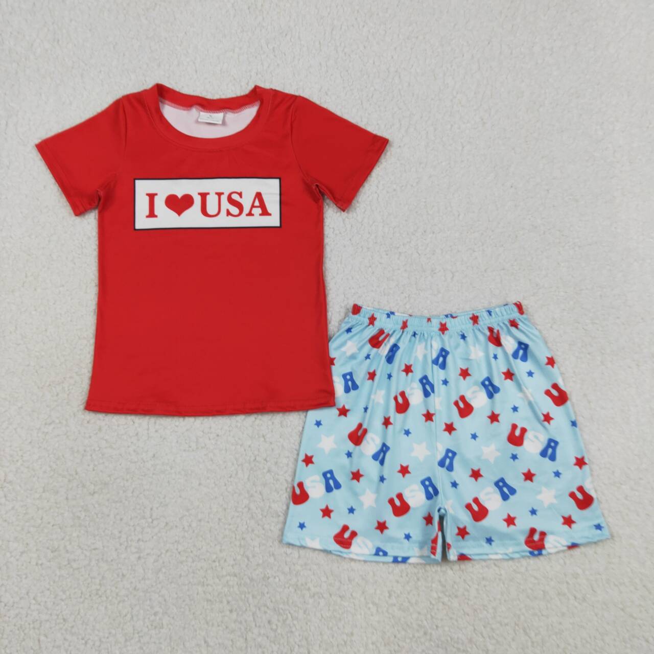 Sibling 4th of July Boys Outfits - "I Love USA" Print Shirt Set & Romper