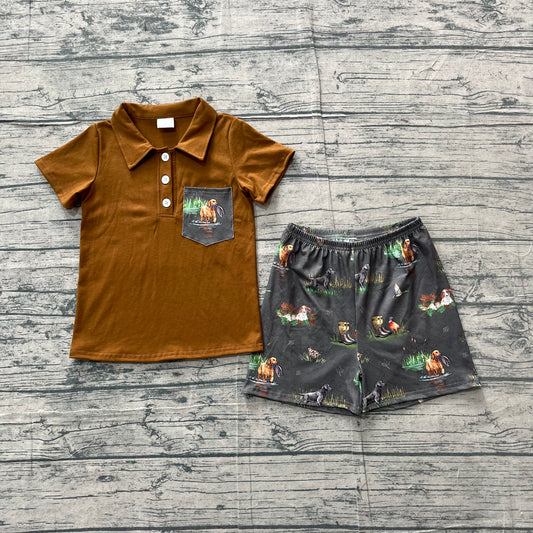 3.28 Toddler Boys Brown Polo Shirt & Hunting Print Shorts Set Preorder