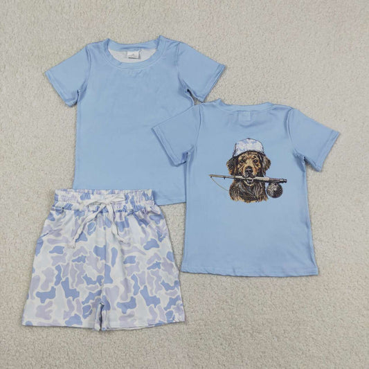 BSSO2015 Dog Fishing Top Blue Camo Shorts Boys Summer Clothes Set