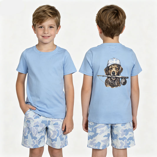 BSSO2015 Dog Fishing Top Blue Camo Shorts Boys Summer Clothes Set