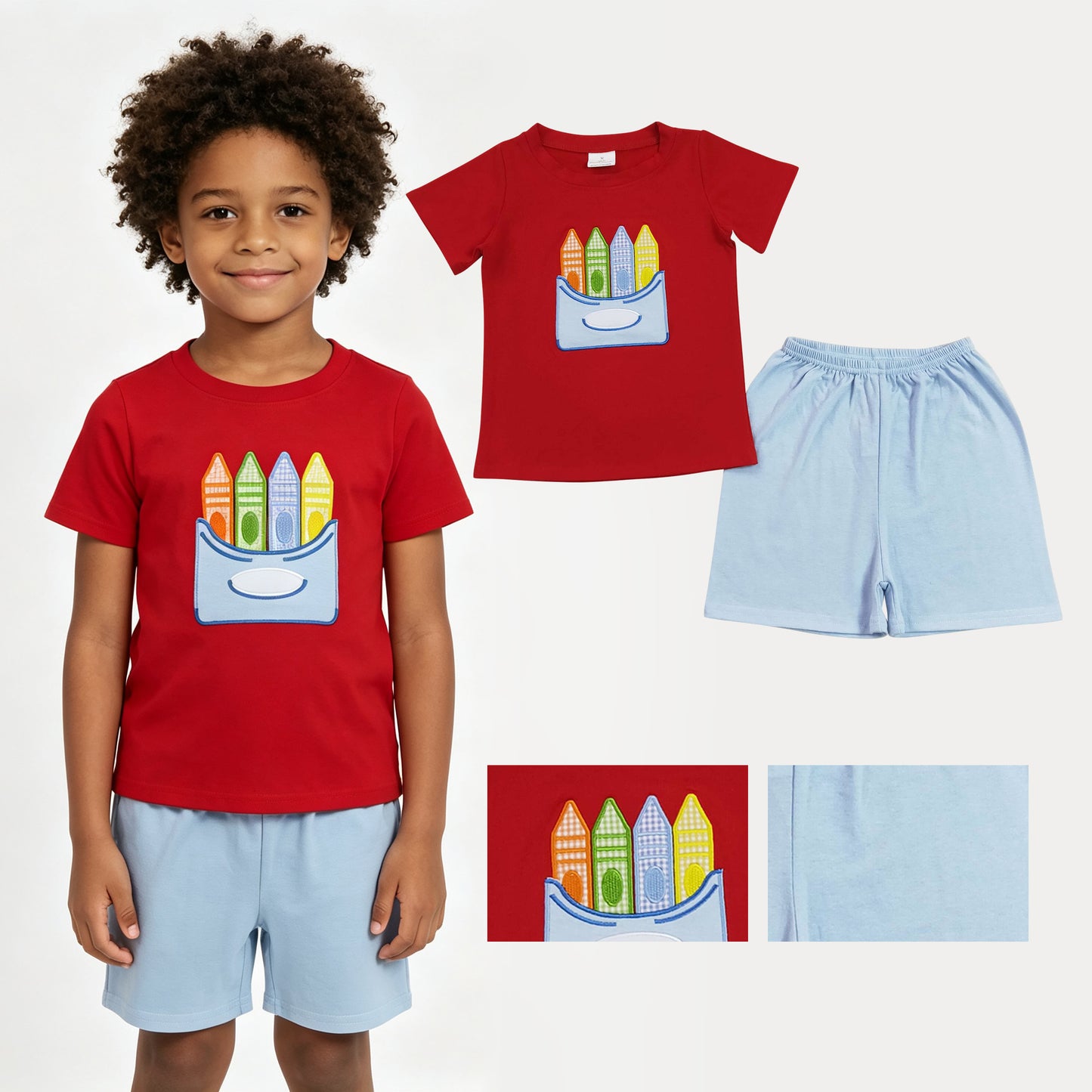 BSSO2023 Pen Embroidery Red Top Blue Shorts Boys Back to School Cotton Clothes Set