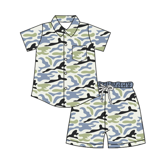 4.8 BSSO2027 Preorder Green Grey Camo Button Top Shorts Boys Summer Clothes Set