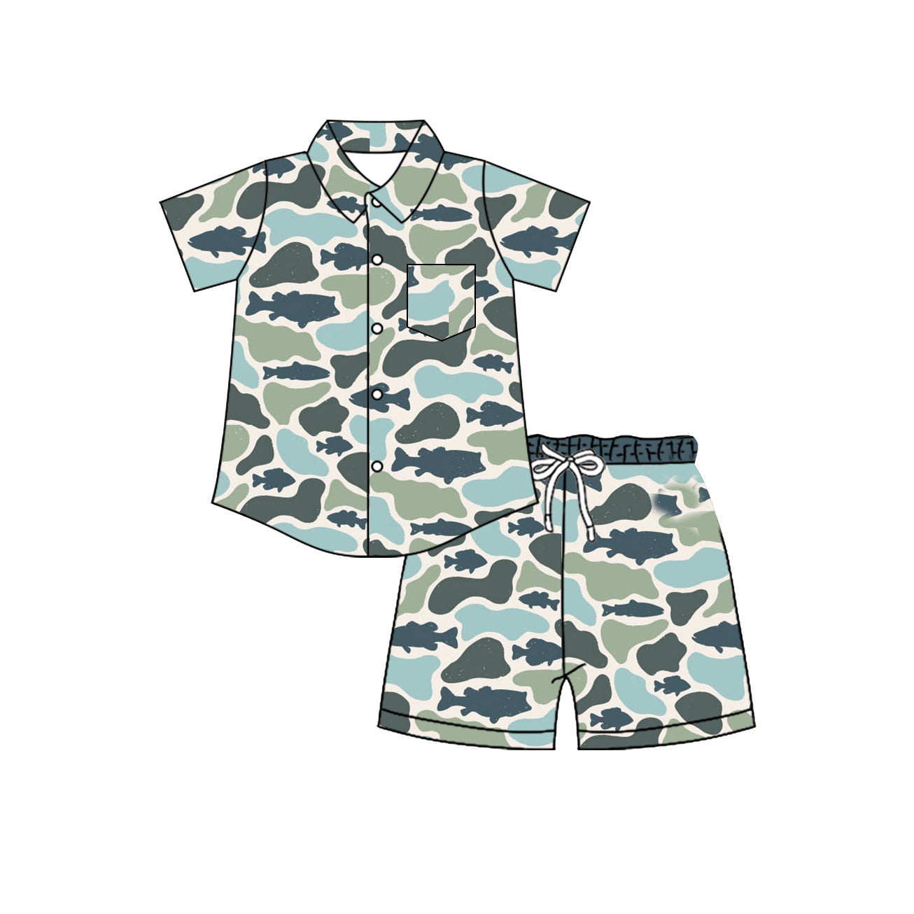 4.8 BSSO2029 Preorder Fish Green Blue Camo Button Top Shorts Boys Summer Clothes Set