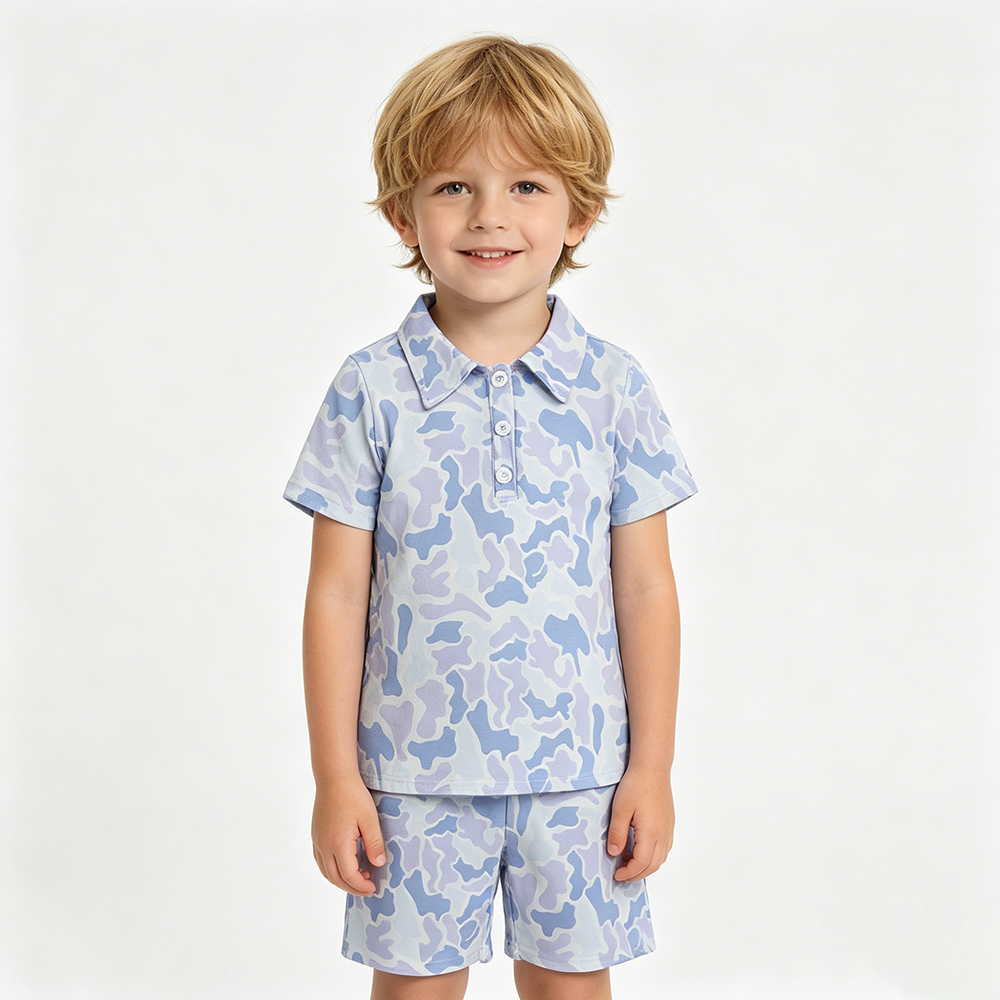 Blue Camo Hunting Shorts Boys Summer Clothes Set Brothers Wear