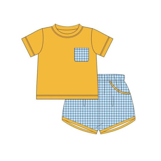 5.8 BSSO2037 Preorder Orange Pocket Top Plaid Shorts Baby Boys Summer Clothes Set
