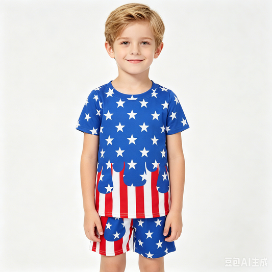 BSSO2040 Stars Drip Print Boys 4th of July Clothes Set