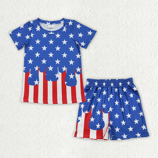 BSSO2040 Stars Drip Print Boys 4th of July Clothes Set
