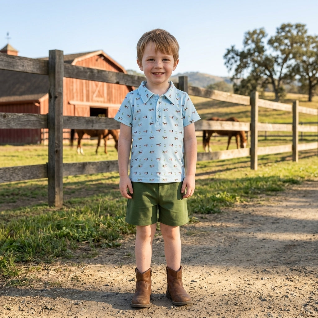 BSSO2041 Baby Boys Mallard Duck Short Sleeve Polo Short With Green Shorts Summer Outfits