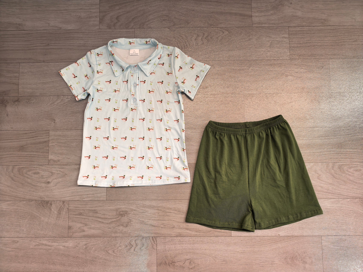 6.29 Preorder BSSO2041 Baby Boys Mallard Duck Short Sleeve Polo Short With Green Shorts Outfit