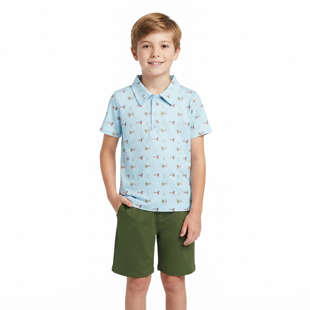BSSO2041 Baby Boys Mallard Duck Short Sleeve Polo Short With Green Shorts Summer Outfits