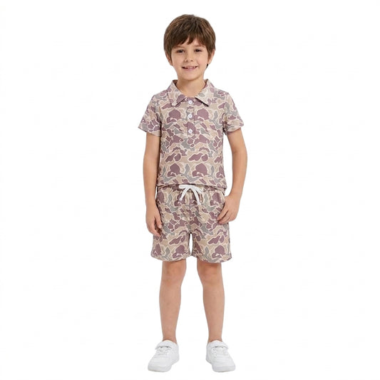 BSSO2046 Baby Boys Khaki Camo Polo Shirt Drawsrting Shorts Outfit
