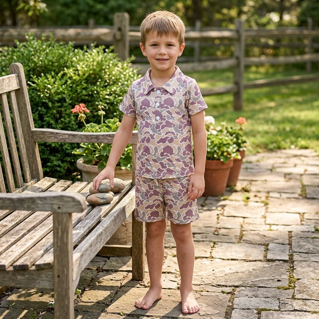 BSSO2046 Baby Boys Khaki Camo Polo Shirt Drawsrting Shorts Outfit