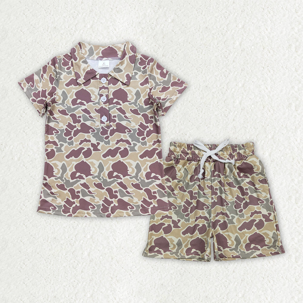 BSSO2046 Baby Boys Khaki Camo Polo Shirt Drawsrting Shorts Outfit