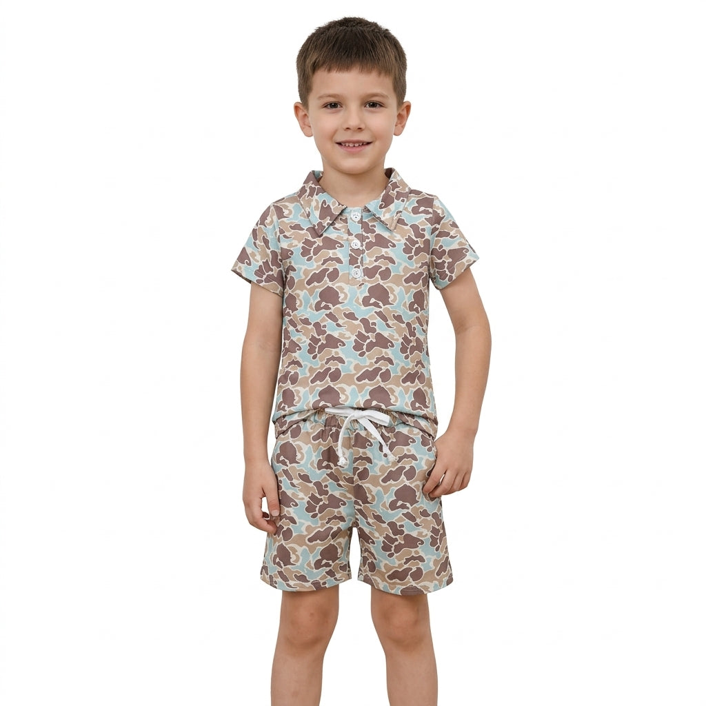 BSSO2047 Baby Boys Green Camo Polo Shirt Drawsrting Shorts Outfit