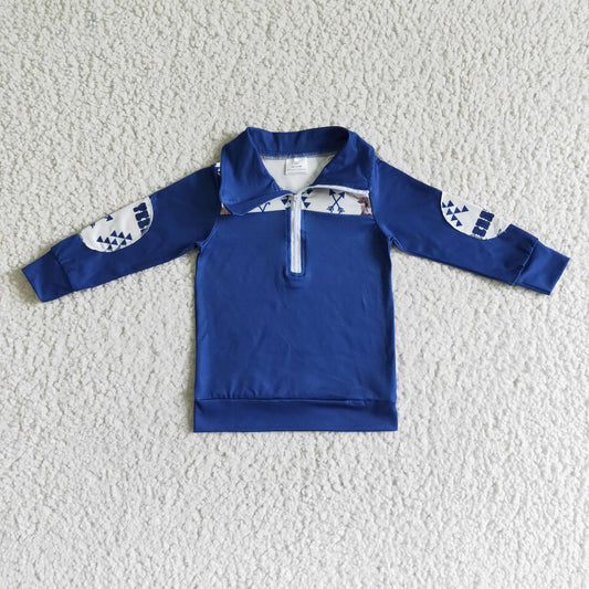 BT0018 Aztec Blue Color Boys Long Sleeve Zipper Pullover Top