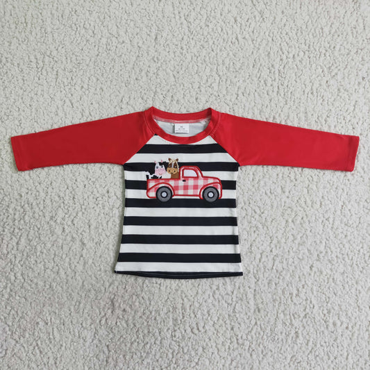 BT0023 Cow Horse Trucks Embroidery Stripes Boys Raglan Sleeve Tee Shirts Top