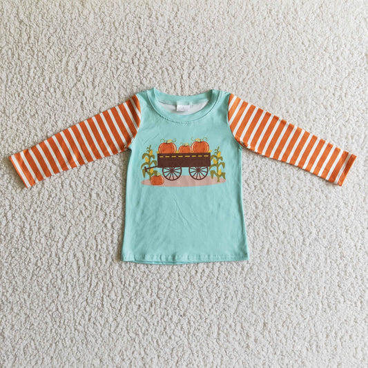 BT0030 Pumpkin Stripes Print Boys Long Sleeve Fall Tee Shirts Top