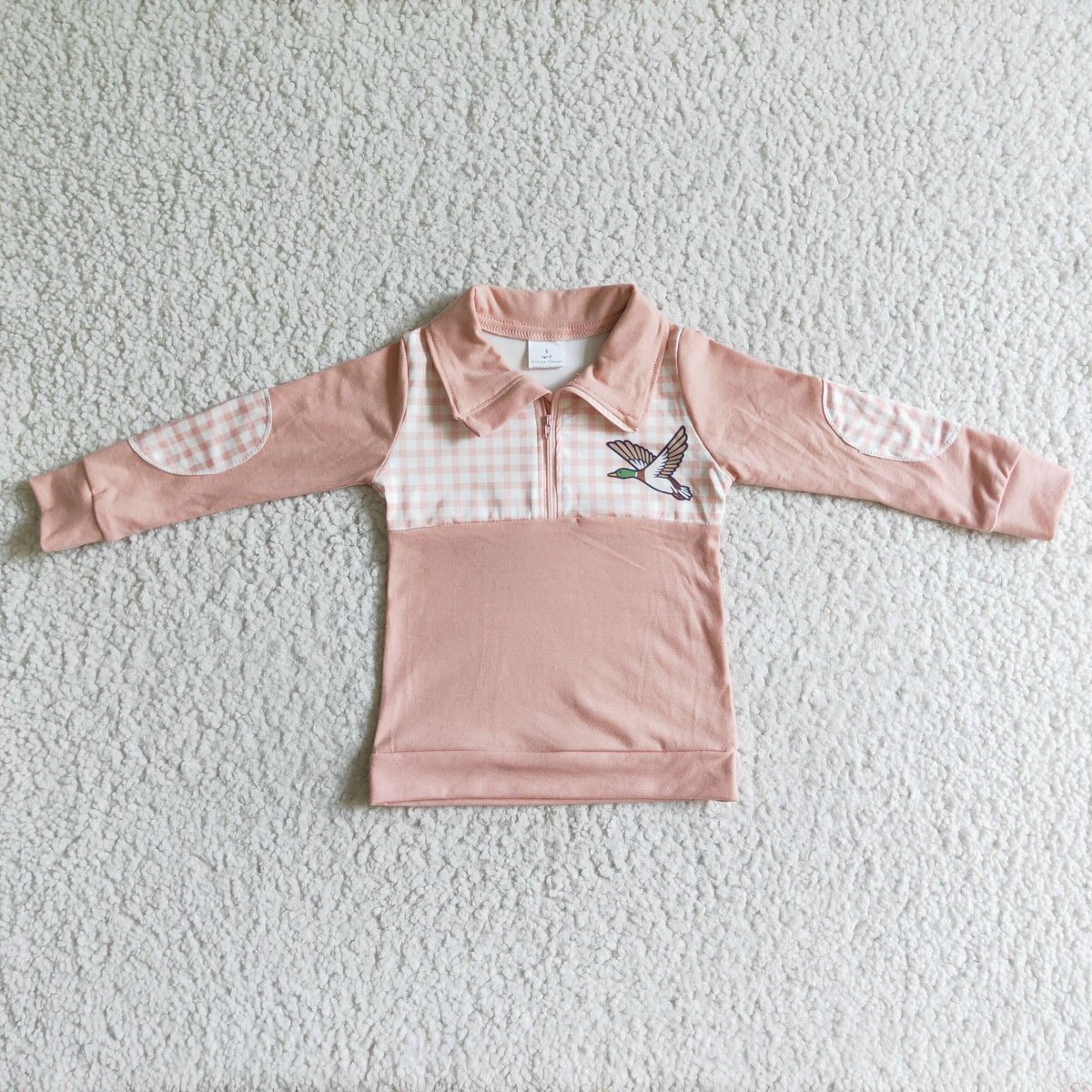 BT0034 Duck Pink Checkered Print Kids Zipper Long Sleeve Pullover Top