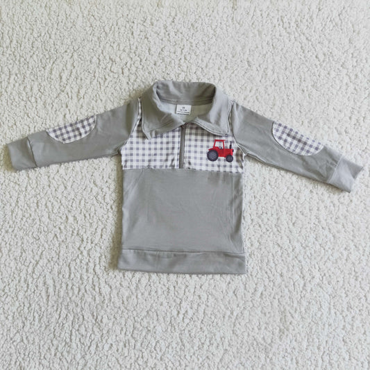 BT0035 Tractor Grey Checkered Print Boys Zipper Long Sleeve Pullover Top