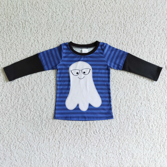 BT0053 Ghost Blue Stripes Print Boys Halloween Tee Shirts Top