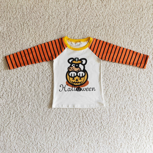 BT0054 Dog Pumpkin Stripes Print Boys Halloween Tee Shirts Top