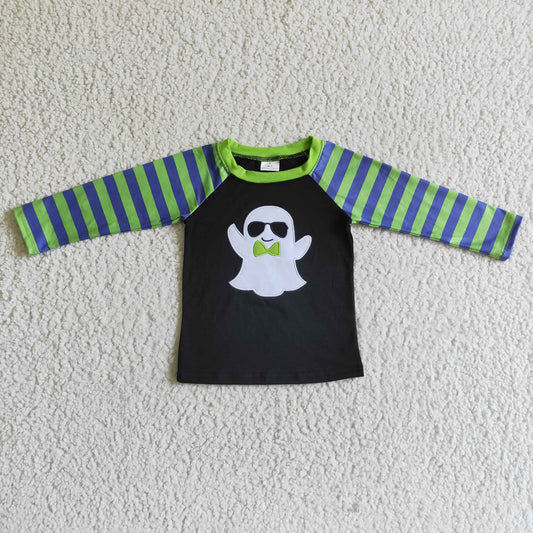 BT0066 Ghost Embroidery Stripes Boys Halloween Tee Shirts Top