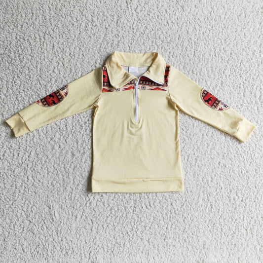 BT0079 Aztec Yellow Print Boys Zipper Long Sleeve Pullover Top