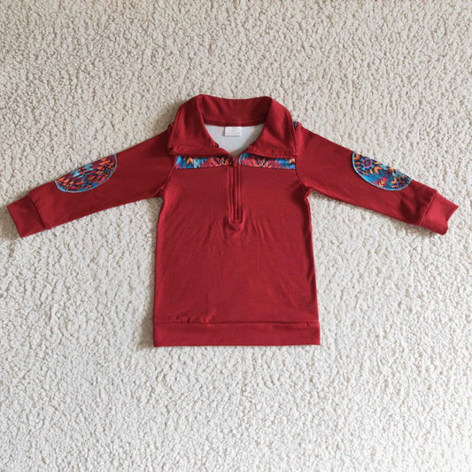 BT0080 Aztec Red Print Boys Zipper Long Sleeve Pullover Top