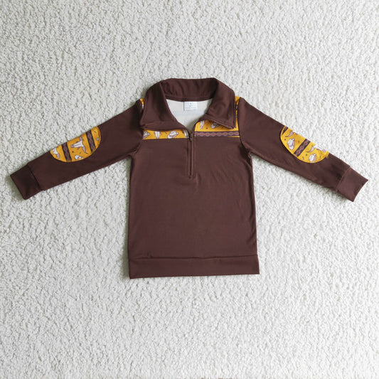 BT0088 Skull Cow Brown Print Boys Zipper Long Sleeve Pullover Top
