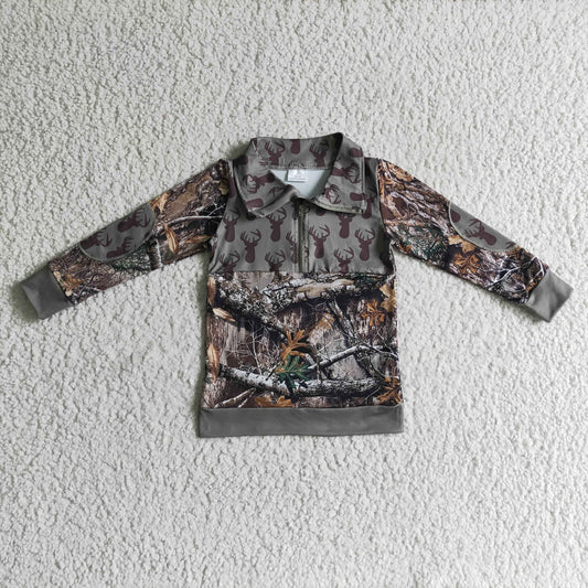 BT0094 Deer Branch Print Boys Long Sleeve Zipper Pullover Top