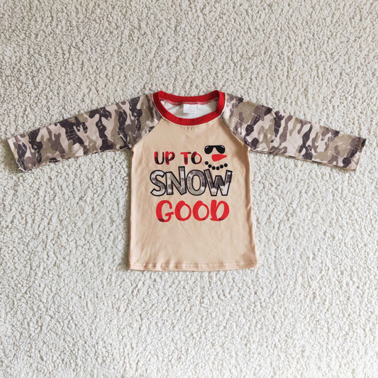 (Promotion) BT0097 Up To Snow Good Camo Print Boys Christmas Raglan Sleeve Tee Shirts Top