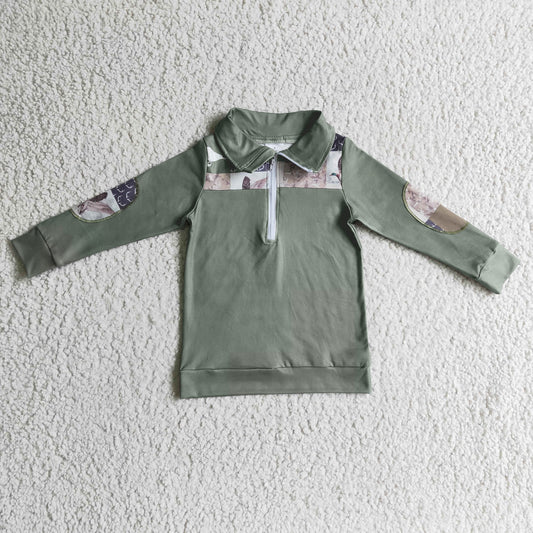 BT0103 Duck Green Print Boys Long Sleeve Zipper Pullover Top