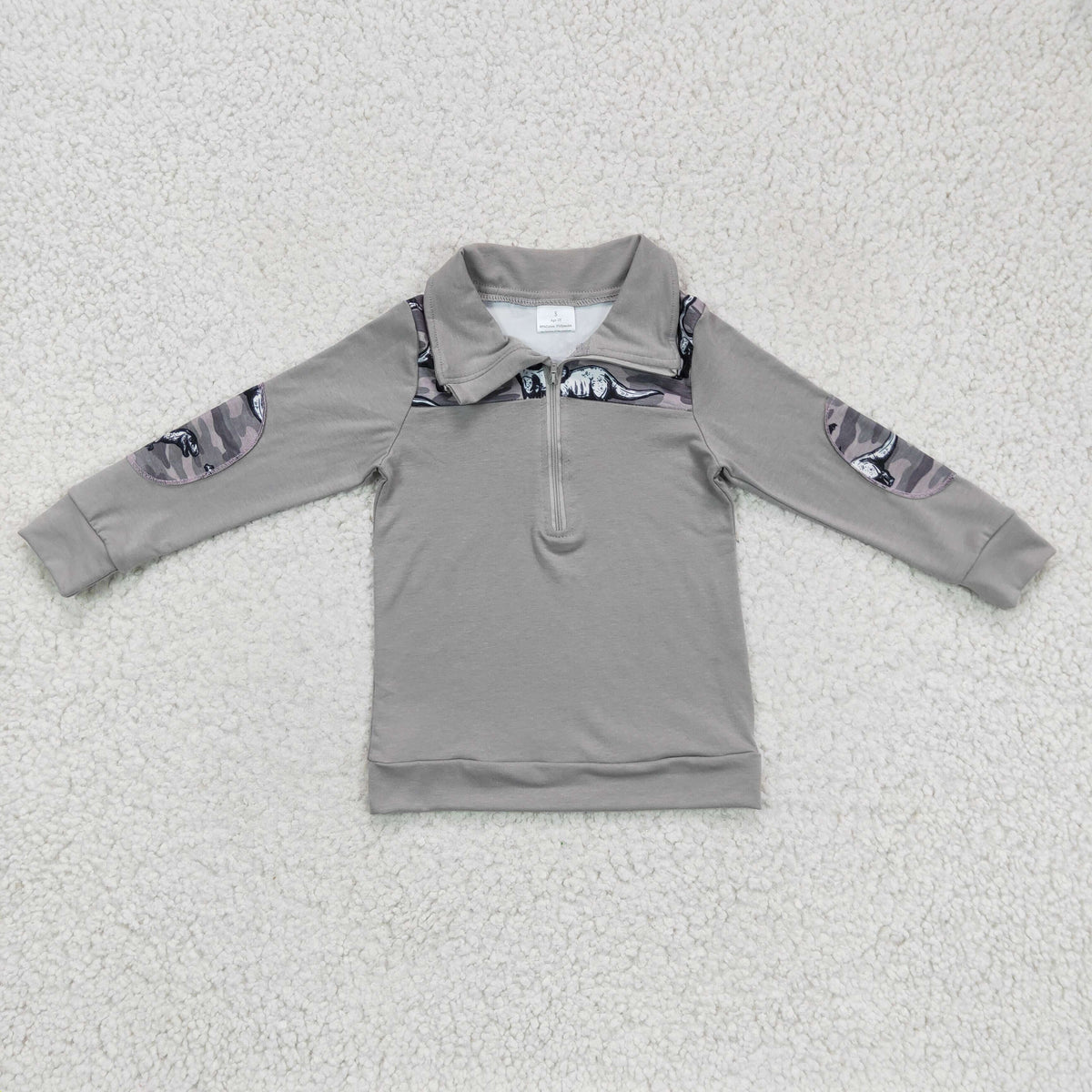 BT0106 Dino Camo Grey Print Boys Long Sleeve Zipper Pullover Top