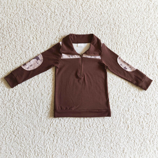 BT0107 Wild Brown Print Boys Long Sleeve Zipper Pullover Top